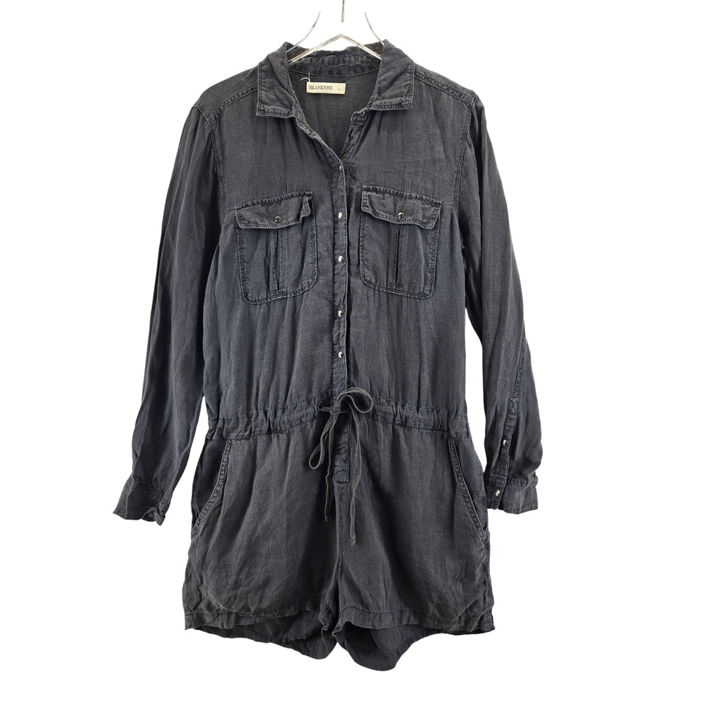 BlankNYC Womens Faded Black 100% Linen Long Sleeve Snap Front Romper Large